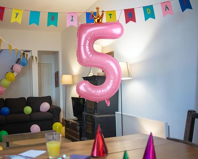 40 Inch Crown Pink Number 5 Balloon, Big Conjoined Baby Pink Foil Mylar Helium 5 Balloon for Girls 5th Birthday Party Decoration Princess Theme Party Decor Supplies Favors