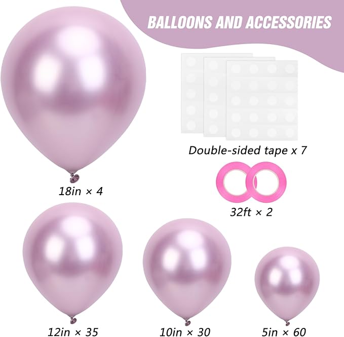 RUBFAC Metallic Pink Balloons 129pcs Different Sizes Pack of 18 12 10 5 Inch, Latex Chrome Metal Pink Balloon Garland Arch Kit for Wedding Princess Birthday Party Baby Shower Engagement Bachelorette