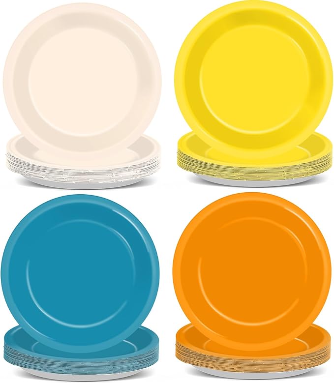 48Pcs Here Comes The Son Party Paper Plates for Retro Blue Orange Mustard Yellow Table Supplies 7" First Trip Around The Sun Boho Disposable Dessert Tableware for Boy Birthday Baby Shower Decorations