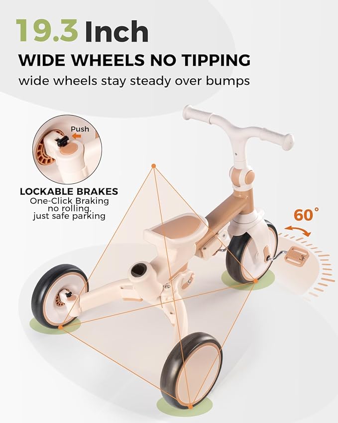 7-in-1 Tricycle for Toddlers 1-3 Years, Foldable Baby Trike Stroller with Steering Push Handle, Gift for Boys Girls 12 Months to 6 Years- Brown
