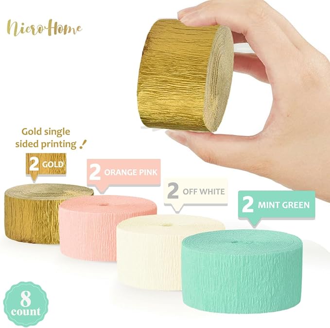 NICROHOME EUR Pastel Party Decorations, 8 Rolls Mint Green Pink White Gold Crepe Paper Streamers for Wedding, Baby Bridal Shower, Engagement Party, Birthday, Valentine's Day, Easter, 82 Ft Long