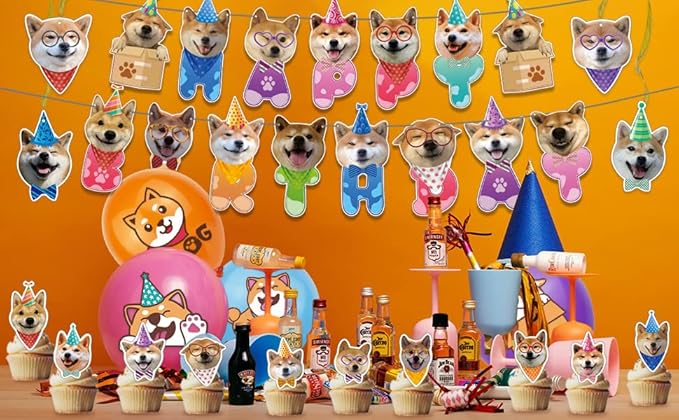 Shiba Inu Party Decorations Suit Cute Shiba Inu Theme Birthday Banner Hanging Swirl Party Cake Topper Balloons Cupcake Toppers Shiba Inu Birthday Party Supplies With Different Dog Faces