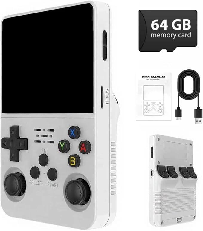 R36S Retro Handheld Game Console,3.5" IPS Screen Retro Gaming Console,Built-in 64G TF Card ,3500mAh Battery,Portable Gaming Player for Life-White