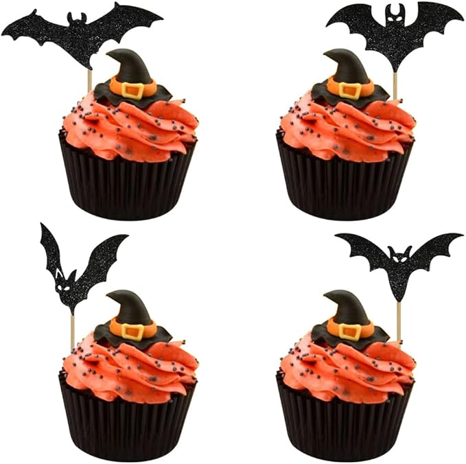 12 Pcs Halloween Cupcake Toppers, Halloween Bat Cake Decorations, Black Glitter Bat Cupcake Party Decorations, Cupcakes Picks Food Picks for Halloweens Theme Party, Bats Birthday, Baby Shower