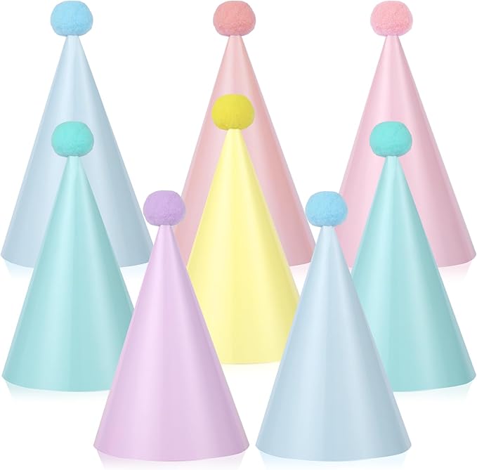 CHUNNIN 48pcs Rainbow Party Hats Pastel Rainbows Birthday Parties Supplies Macaron Cone Hat Happy Birthdays Paper Headwear with Pom Pom for Kids and Adults Baby Shower Bridal Shower Decorations Favors