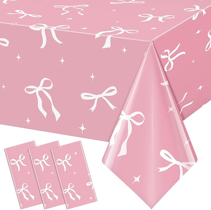 3Pcs Coquette Party Tablecloths Decorations,White Bow Plastic Table Cover Disposable Rectangle Table Cloth for Girls Birthday Bridal Wedding Party Supplies,54x108 Inch