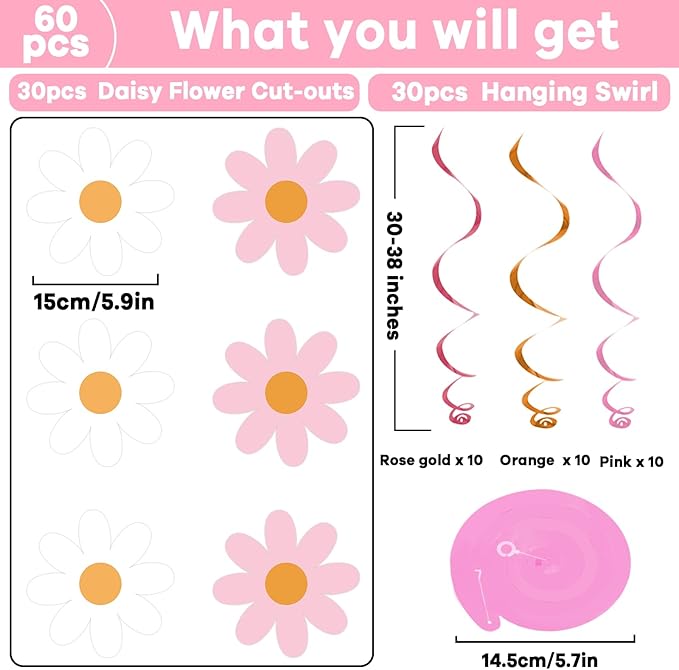 60pcs Pink Daisy Flower Hanging Swirls Pink Daisy Foil Swirls Ceiling Hanging Banner Decor Flower Cutouts Party Supplies for Boho Hippie Groovy Retro Themed Birthday Baby Shower Party Favor