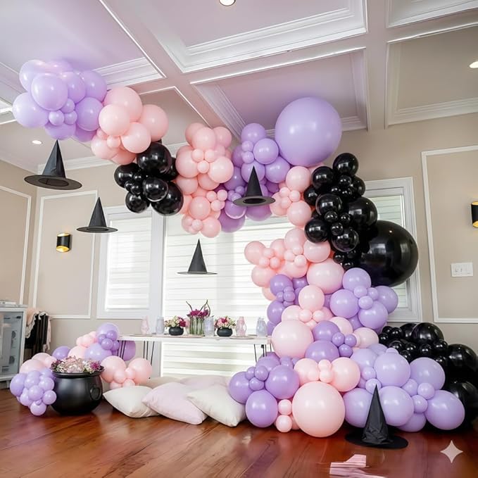Halloween Balloons, 60pcs 12 Inch Black Pink Purple Latex Balloons for Girls Women Halloween Wedding Bride Baby Shower Engagement Bachelorette Spooky Witch Themed Birthday Party Decorations Supplie