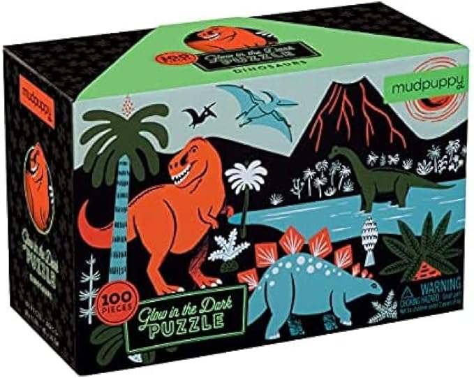 Mudpuppy Dinosaur Glow-in-the-Dark Puzzle, 100 Pieces, 18”x12” –Perfect for Kids Age 5+ - Colorful and Glowing Illustrations of Dinosaurs and Prehistoric Life - Award-Winning Glow in the Dark Puzzle