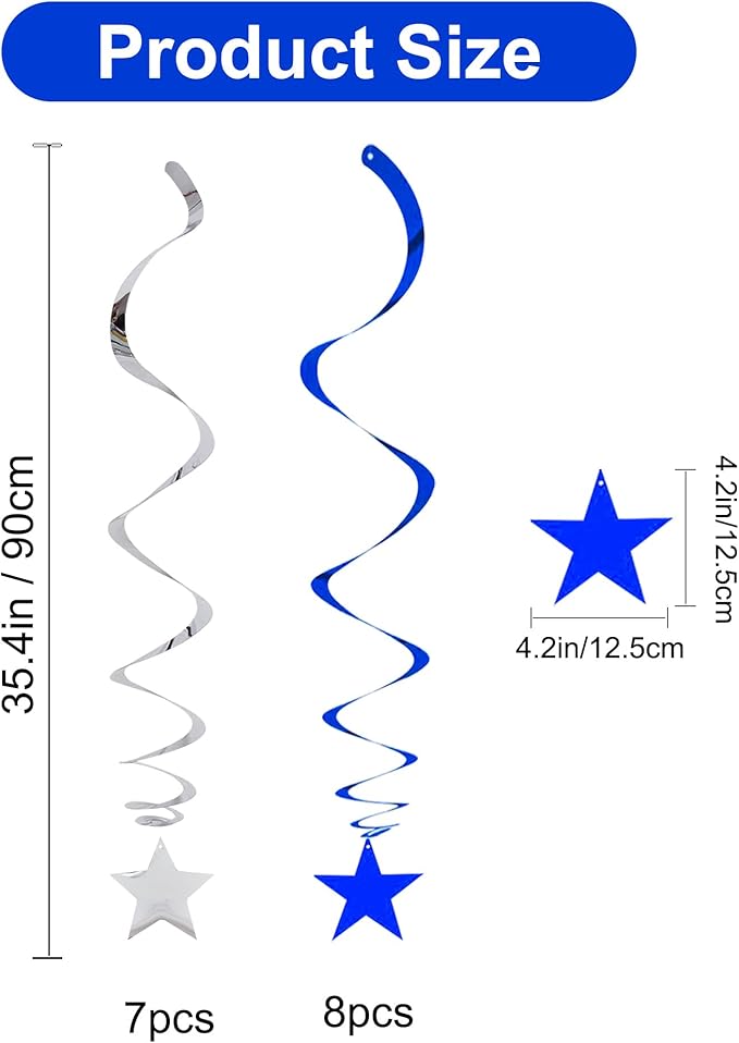 BEISHIDA Blue Silver Stars Hanging Swirls Bachelorette Graduation Hanging Ornament Decorations for Birthday Party Baby Shower Supplies Congrats Grade 2026 Graduation Decorations,Pack of 15