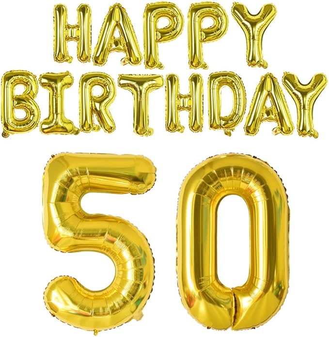 Happy Birthday Balloon Banner 40 inch 50 Balloon Number 16 Inch Happy Birthday Letters Balloons Gold Foil Mylar Balloons for Women and Man 50th Birthday Decorations Party Supplies