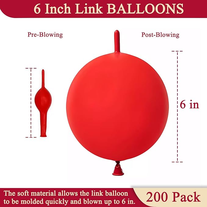 200 Pcs Linking Balloons 6 Inch Link Balloons for Birthday Wedding Party Festival Decorations (Red)