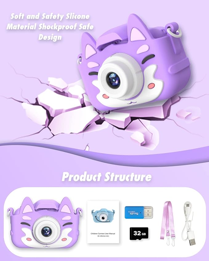 Kids Selfie Camera,Birthday Gifts for Boys Age 3-9,HD Digital Video Cameras for Toddler,Toy for 3 4 5 6 7 9 Year Old Teens with 32GB SD Card,Kids Toys Gifts for Birthday (Purple)