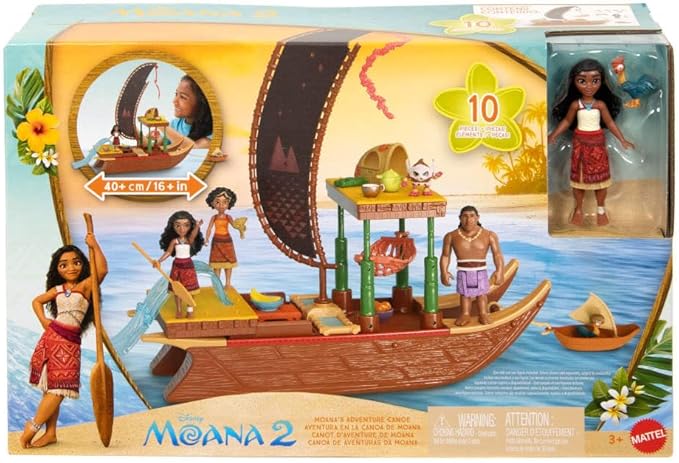 Mattel Disney Moana 2 Toy Playset with Floating Adventure Canoe, Small Doll, 1 Character Friend, 6 Play Areas & 10 Accessories