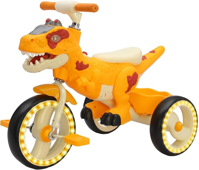 Dinosaur Kids Tricycle for Rider- Toddlers Kid Trike Bike Big Wheel with Music, Storage Basket,Light Wheel, Indoor/Outdoor Preschool Daycare Kids Bike,Best Gift for 3-7 Year Old Girls & Boys (Yellow)