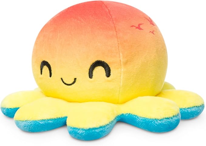 TeeTurtle Reversible Octopus Plushie 4 Inch Sunset + Ocean Two-Sided Flip Plush Toy with Embroidered Details Cute Mini Collectible Plush for Kids, Teens, and Adults