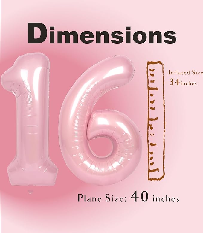 SUWEN 40 Inch Pink Large 16 Number Balloons Big Foil Helium Number Balloons 0-9 Jumbo Happy 16th Mylar Birthday Party Decorations for Girl or Women 61 Anniversary Party Supplies