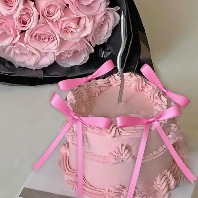 12 PCS Pink Bow Cake Topper Coquette Ribbons Bows Cake Decorations Pink Bowknot Birthday Cake Toppers Baby Bridal Shower Wedding Party Supplies