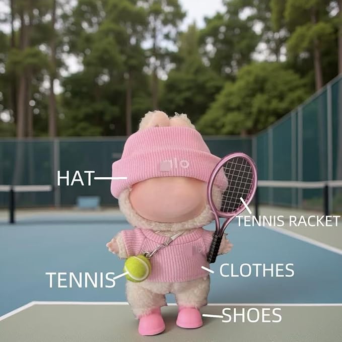 17cm Doll Clothes for Lububu Dolls，Designer Jerseys Clothes Suitable for lububu Dolls Outfits and Accessories Set， Includes top + Pants + Tennis Racket + Ball Charm + Shoes (Pink)