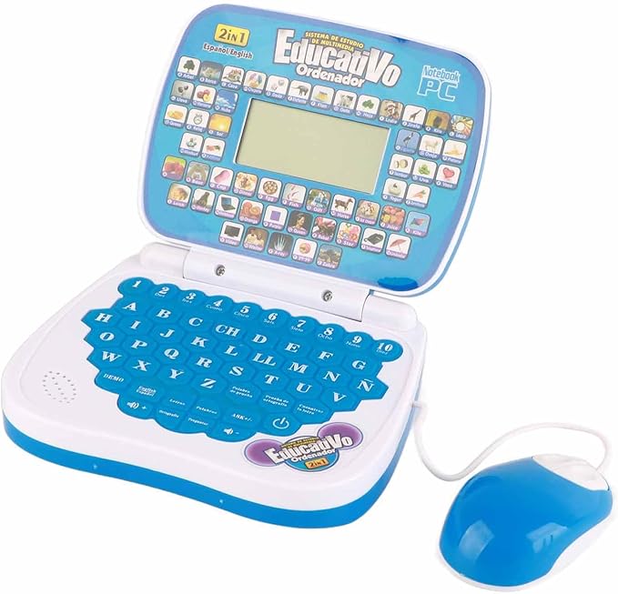 Kids Learning Laptop Bilingual English Spanish Educational Toy with Music Reread Function Keyboard for Children Early Education (Blue)