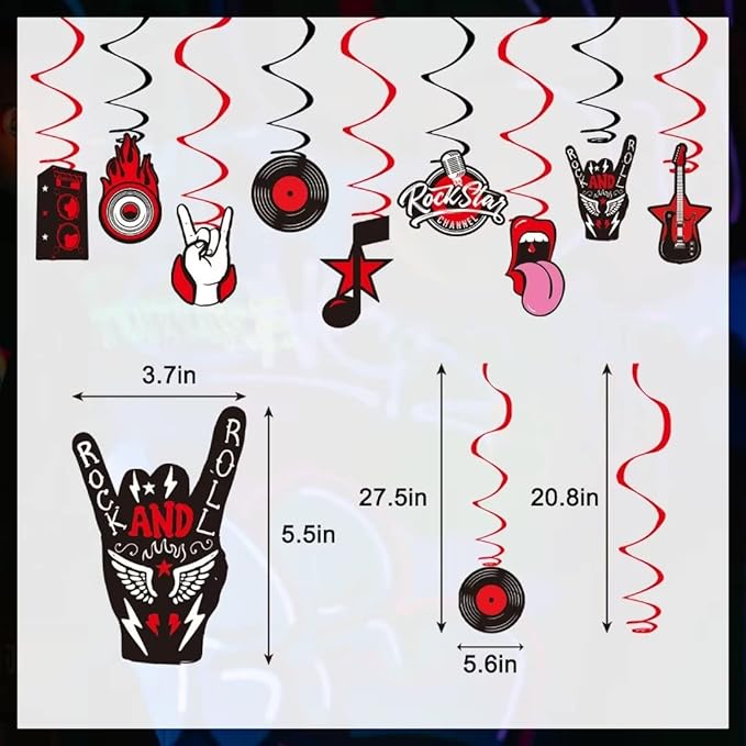 LARRAZABAL Rock and Roll Party Decorations Include Born to Rock Glitter Banner, Rock and Roll Hanging Swirls and Honeycomb Centerpieces for Birthday Baby Shower Party Supplies