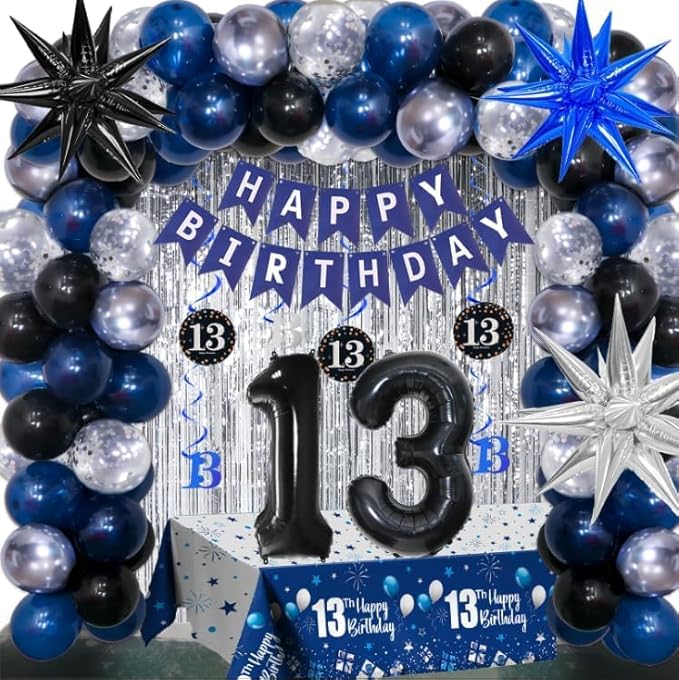 13th Birthday Decorations for Boys and Girls Dark Blue, Official Teenager Decorations HAPPY BIRTHDAY Banner 13 Balloon Number Tablecloth Foil Star Balloons Garland Arch Kit-13 Year Old Party Supplies