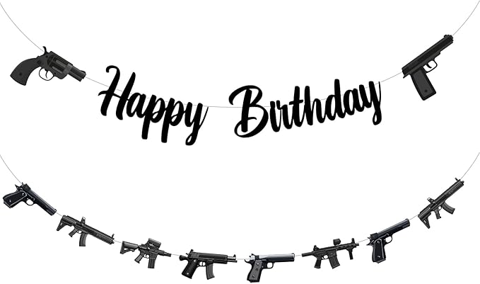 Jollyboom Gun Birthday Party Decorations, Military Nerf Gun Theme Happy Birthday Banner & Pistol Shooting Garland Set Easy Assembly, Paper Material for Boys' Indoor Outdoor Bday Party Supplies