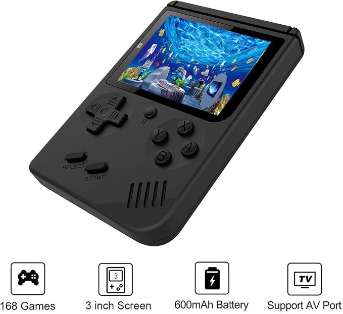 Retro Handheld Games Console for Kids/Adults, 168 Classic 8 Bit Games 3 inch Screen Video Games with AV Cable Play on TV (Black)