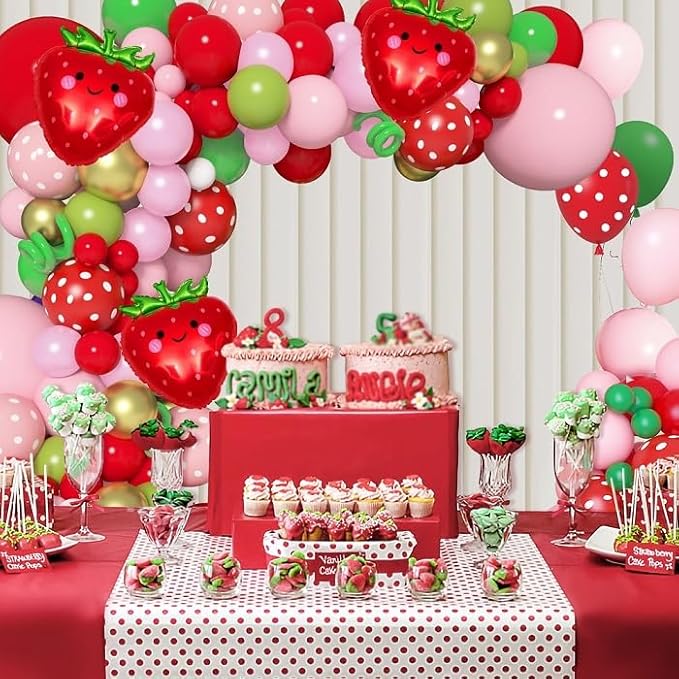 Amandir 162Pcs Strawberry Birthday Party Decorations Strawberry Balloons Garland Arch Kit Berry First Birthday Party Supplies for Girls Summer Fruit Party Decor