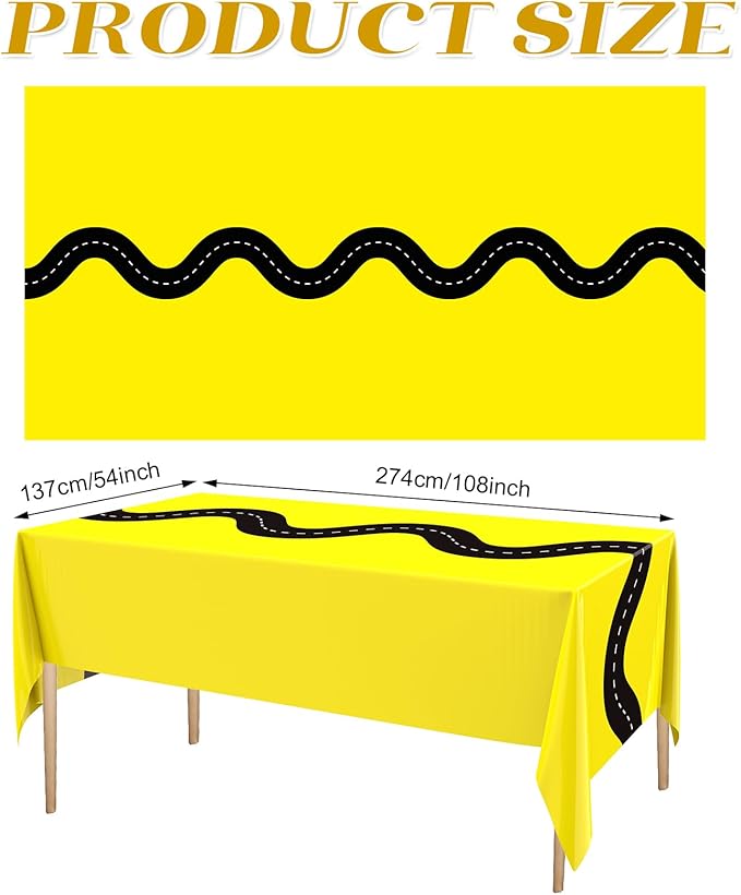 Irenare 3 Pcs Racing Table Cloths Car Birthday Party Supplies 54 x 108 Inch Racetrack Table Runner Covers Disposable Rectangular Road Tablecloth for Kids Boy Car Theme Birthday Party Decor (Yellow)