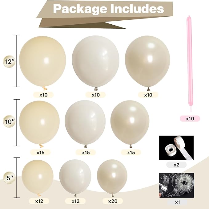Pearl White Balloon Garland Arch Kit 132 Pcs Bow Coquette Sand White Ivory Party Balloons with Pastel Pink Long Latex Balloon for Girls Princess Wedding Baby Shower Bridal Birthday Party Decor