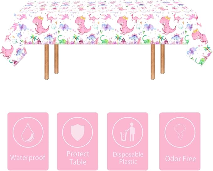 Letromp 2 Pieces Pink Dinosaur Birthday Tablecloths 54 x 108 Inch Watercolor Dinosaur Table Covers for Dino Theme Girls Baby Shower 1st 2nd 3rd 4th Birthday Party Supplies Table Decorations Favors