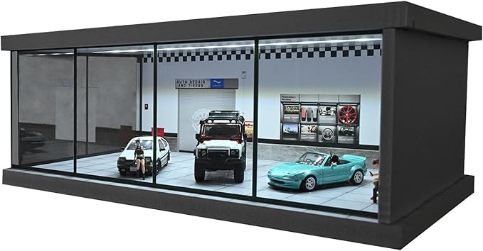1/64 Diorama Car Garage, LED Lighting City Showroom, 1/64 Scale Diecast Car Parking Lot Storage, Scene Display Model Collection Gift (Repair Shop)