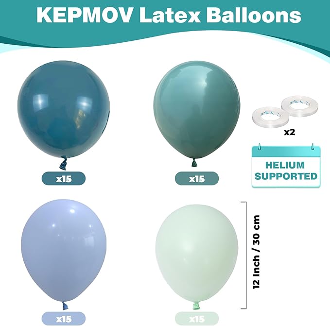 Dusty Blue and Green Balloons, 60Pcs Aqua Blue Pastel Green Latex Balloon, 12 Inch Balloon Set for Boho Baby Bridal Shower Wedding Jungle Safari Woodland Neutral Birthday Party Decorations