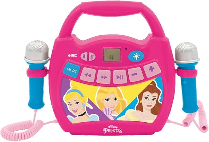 LEXiBOOK – Disney Princess - Portable Karaoke Digital Player for Kids – Microphones, Light Effects, Bluetooth, Record and Voice Changer Functions, Rechargeable Battery, Pink, MP320DPZ