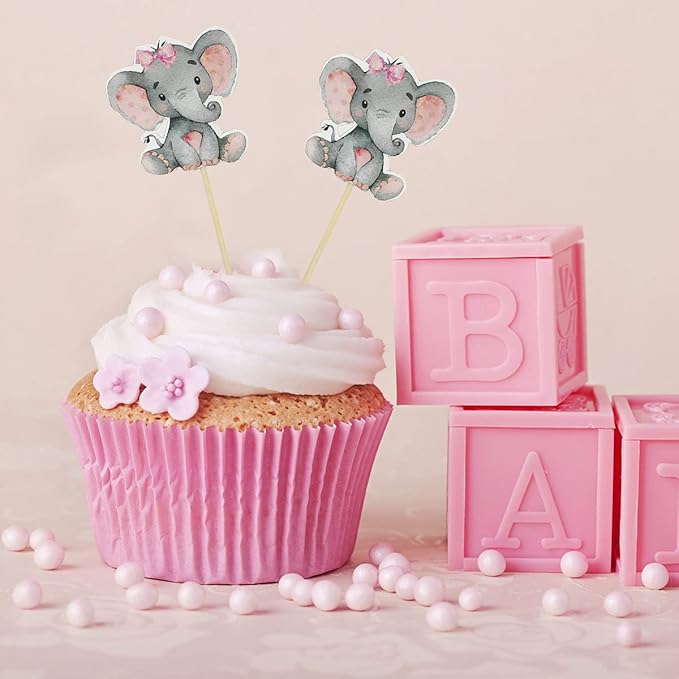 Yuntop 36 Pink Elephant Cupcake Toppers for Baby Shower, Birthday Party Supplies, Cake Decorations, Cute Baby Girl Cupcake Picks