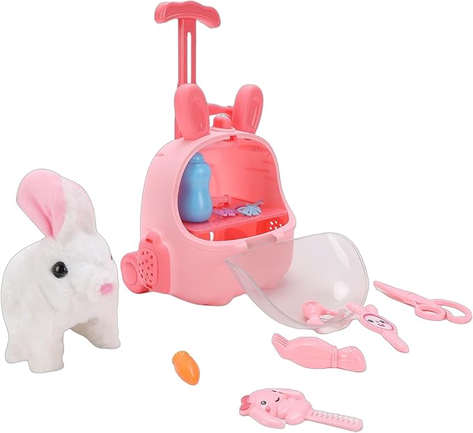 Electric Bunny Toy, Interactive Plush Bunny Toy with Cage, Walking Hopping & Nose Twitching Electronic Pet for Kids