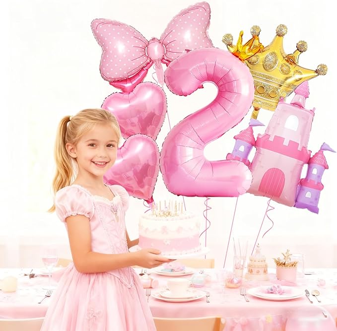 Princess Balloons for 2nd Birthday Decorations for Girl Pink Castle Balloons Large Pink Crown Number 2 Balloon for Princess Birthday Party Decorations