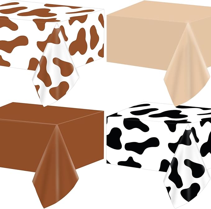 4pcs Cowboy Party Decorations Western Cowboy Tablecolth Cow Print Wild West Party Supplies Brown Rodeo Cowgirl Plastic Table Cover Disposable for Birthday Bachelorette Boys Kids Baby Shower Favor