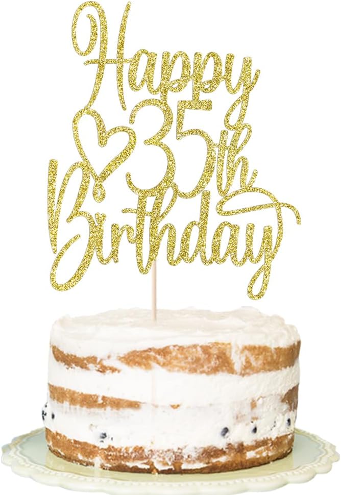 Gold Glitter Happy 35th Birthday Cake Topper - Cheers to 35 Years Cake Topper, 35 & Fabulous Cake Decoration for Hello 35th Birthday Anniversary Party Cake Decorations Supplies