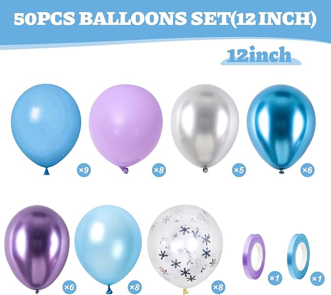 Winter Birthday Balloons, 50Pcs 12 Inches Metallic Purple Blue Silver Snowflake Balloons for Girls Winter Theme Birthday Snow Theme Party Baby Shower Party Decorations