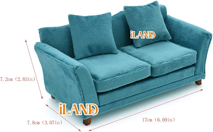 iLAND Modern Dollhouse Furniture on 1/12 Scale of Miniature Sofa for Dollhouse Living Room (Turquoise Blue Velvet)