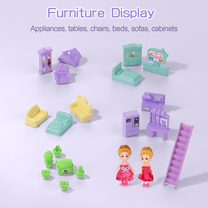 Princess Dollhouse Set, Lilac Purple Doll House with 9 Rooms on 3 Floors Includes 2 Dolls 2 Pets 12 Pieces of Furniture and Other Accessories, Prefect Gift for Girls Dreamy Dollhouse