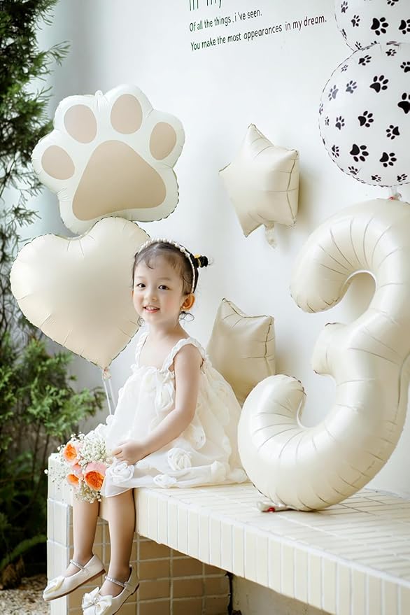 3rd Birthday Dog Paw Balloons Set,18'' Paw Prints, Heart,Star,Paw Shaped Foil Balloon 40 Inch Cream Number 3 Helium balloons for Puppy Themed Third Anniversary Birthday Party Decorations Supplies 6PCS