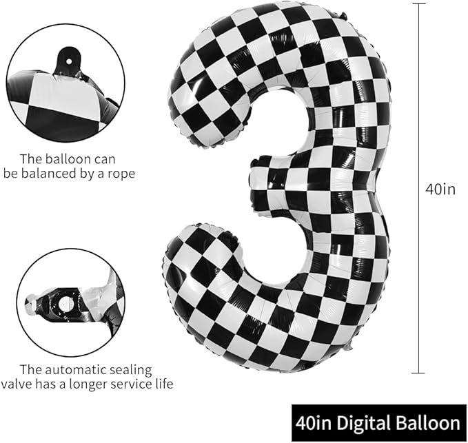 TONIFUL 40 Inch Checkered Number 3 Balloon 3rd Race Car Birthday Party Supplies Black and White Large Number Balloon for Girls Boys 3rd Birthday Fast Race Car Flag Party Decorations