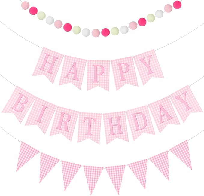 Set of 4 Pink Gingham Happy Birthday Banner Plaid Checkered Pennant Banner Decorations Felt Ball Happy 1st Birthday Garland for Gingham Party Supplies