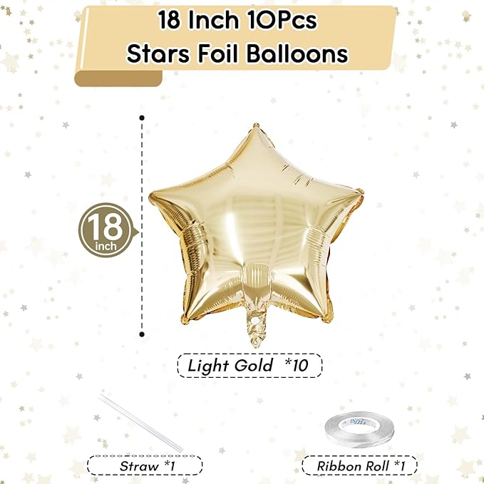 Gold Star Foil Balloons, 18 Inch Light Gold Stars Shape Foil Helium Balloons, 10 Pcs Large Light Yellow Pentagram Balloon Party Decorations for Birthday Wedding Baby Shower Graduation Supplies
