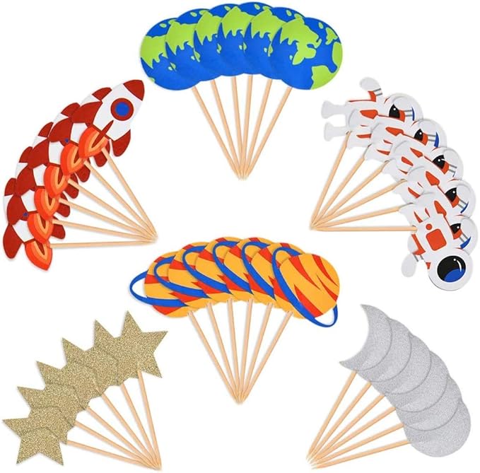30pcs Outer Space Cupcake Toppers, Planet Party Supplies - Birthday Decorations, Rocket, Astronaut, Spaceship Themed Kids Children Party Supplies