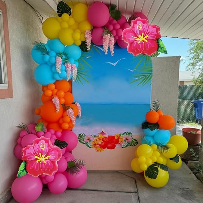 152Pcs Moana Birthday Party Decorations, Hot Pink Orange Macaron Pink Blue Balloons Garland Arch with Hibiscus Foil Balloon for Summer Tropical Luau Hawaii Magic Party Supplies