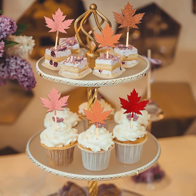 Fall Thanksgiving Cupcake Toppers, 24 PCS Glitter Maple Leaf Cupcake Toppers Cake Decorations, 4 Colors Maple Leaf Food Picks for Fall Autumn Thanksgiving Day Themed Party Decoration Supplies